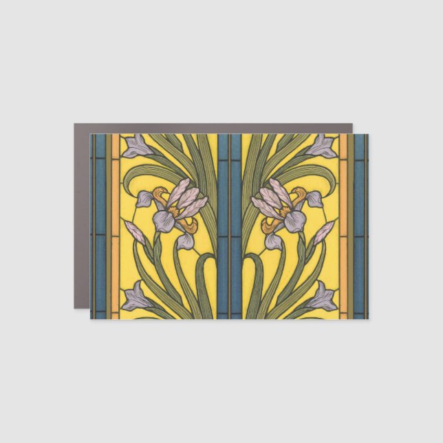 Iris Flower Art Nouveau Stained Glass Blue Gold Car Magnet (Front)