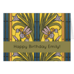Iris Flower Art Nouveau Stained Glass Blue Gold Cards