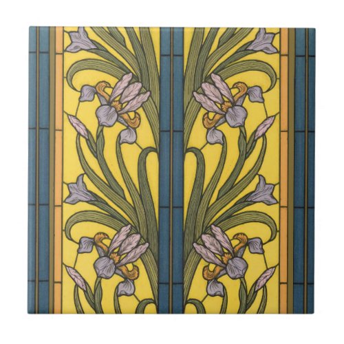 Iris Flower Art Nouveau Stained Glass Blue Gold Ceramic Tile