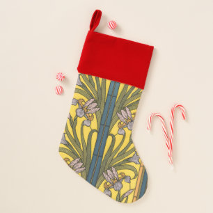 Iris Flower Art Nouveau Stained Glass Blue Gold Christmas Stocking
