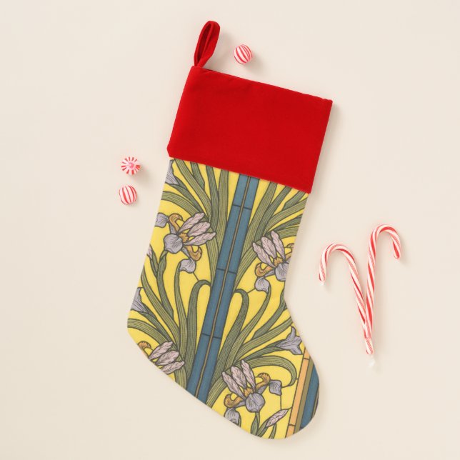 Iris Flower Art Nouveau Stained Glass Blue Gold Christmas Stocking (Front)