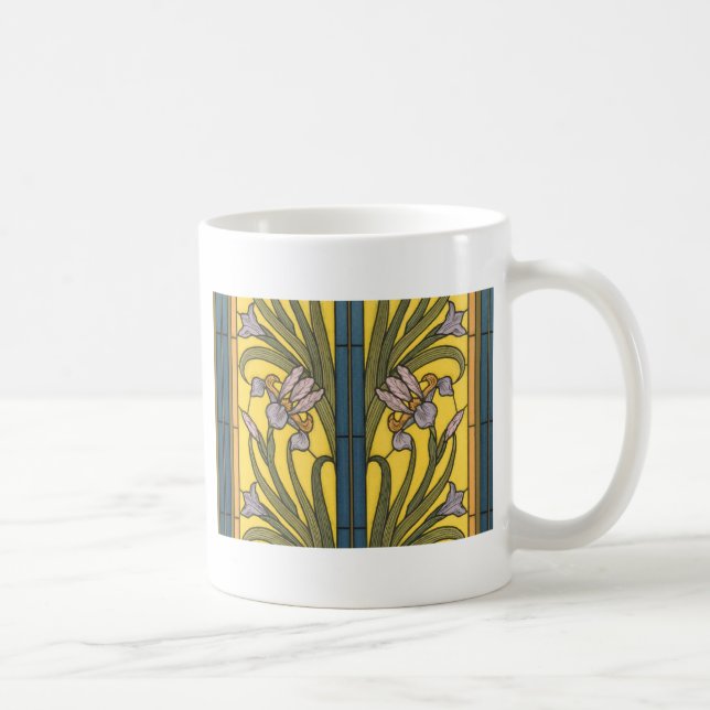 Iris Flower Art Nouveau Stained Glass Blue Gold Coffee Mug (Right)