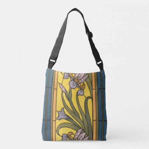 Iris Flower Art Nouveau Stained Glass Blue Gold Crossbody Bag