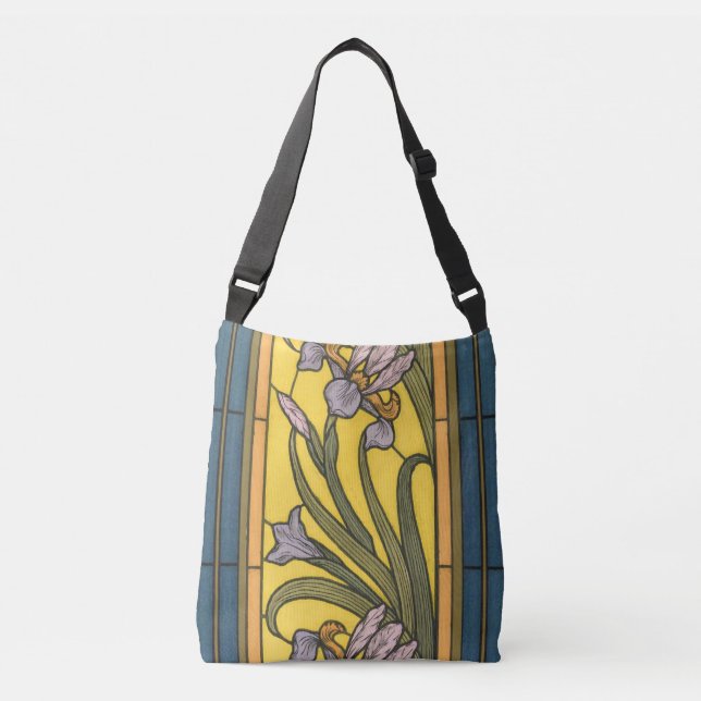 Iris Flower Art Nouveau Stained Glass Blue Gold Crossbody Bag (Front)