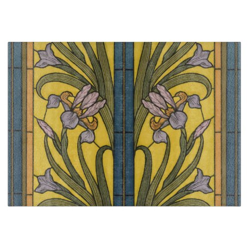 Iris Flower Art Nouveau Stained Glass Blue Gold Cutting Board