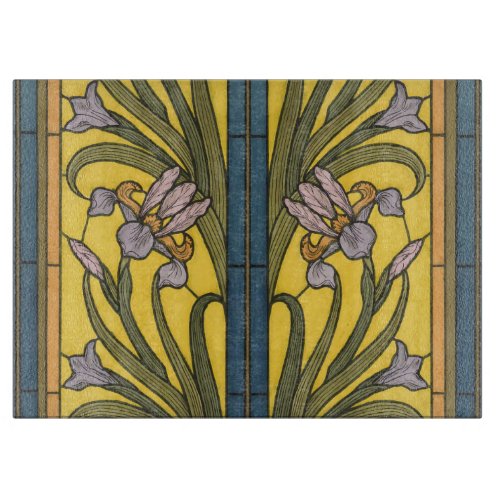Iris Flower Art Nouveau Stained Glass Blue Gold Cutting Board