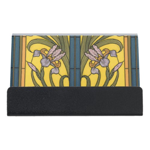 Iris Flower Art Nouveau Stained Glass Blue Gold Desk Business Card Holder