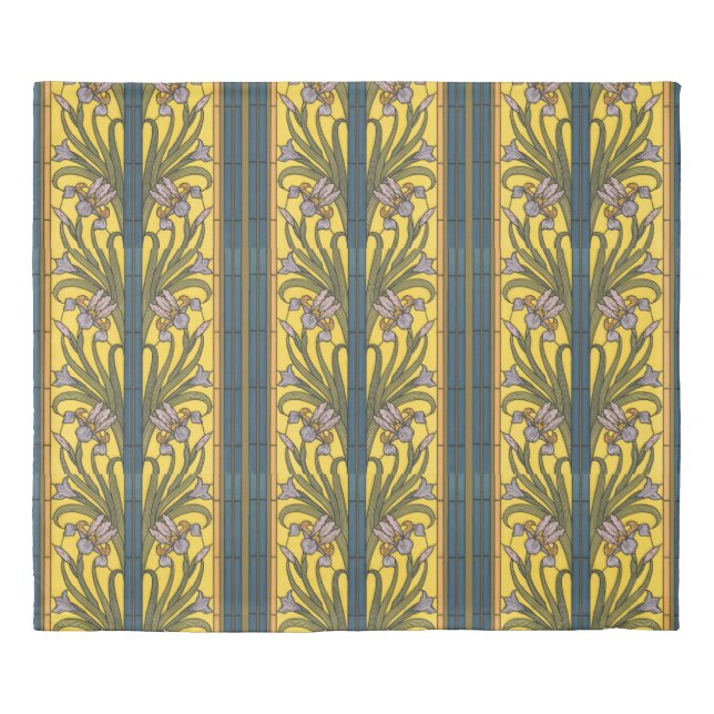 Iris Flower Art Nouveau Stained Glass Blue Gold Duvet Cover (Front)