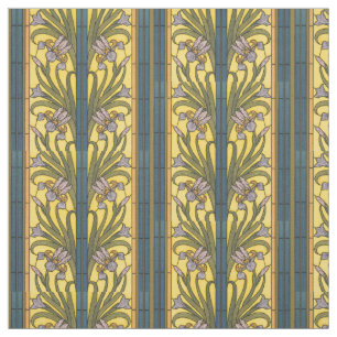 Iris Flower Art Nouveau Stained Glass Blue Gold Fabric