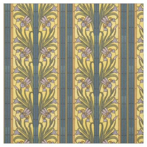 Iris Flower Art Nouveau Stained Glass Blue Gold Fabric