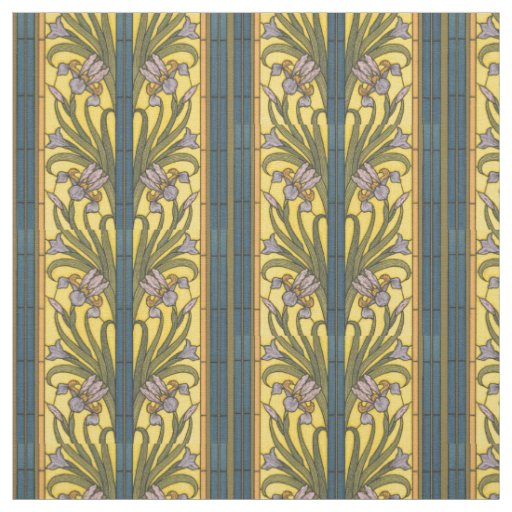 Iris Flower Art Nouveau Stained Glass Blue Gold Fabric