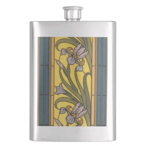 Iris Flower Art Nouveau Stained Glass Blue Gold Flask