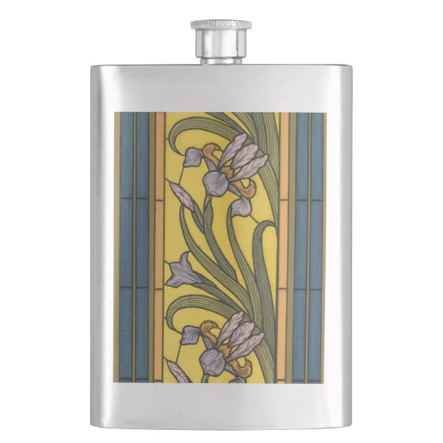 Iris Flower Art Nouveau Stained Glass Blue Gold Flask (Front)