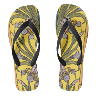 Iris Flower Art Nouveau Stained Glass Blue Gold Flip Flops