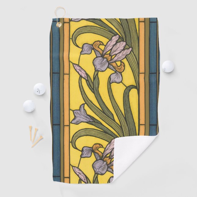 Iris Flower Art Nouveau Stained Glass Blue Gold Golf Towel (InSitu)