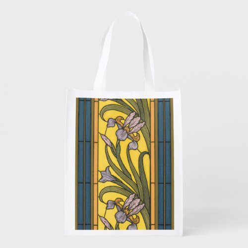 Iris Flower Art Nouveau Stained Glass Blue Gold Grocery Bag