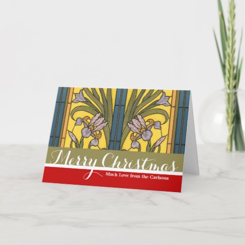 Iris Flower Art Nouveau Stained Glass Blue Gold Holiday Card
