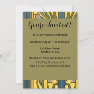 Iris Flower Art Nouveau Stained Glass Blue Gold Invitation