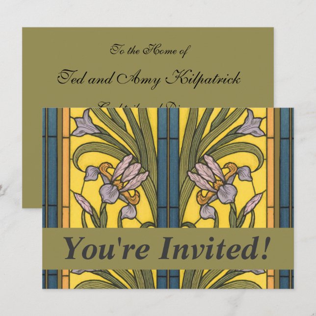 Iris Flower Art Nouveau Stained Glass Blue Gold Invitation (Front/Back)