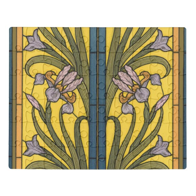 Iris Flower Art Nouveau Stained Glass Blue Gold Jigsaw Puzzle (Puzzle Horizontal)