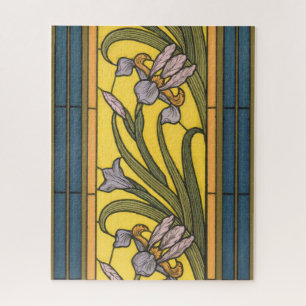 Iris Flower Art Nouveau Stained Glass Blue Gold Jigsaw Puzzle
