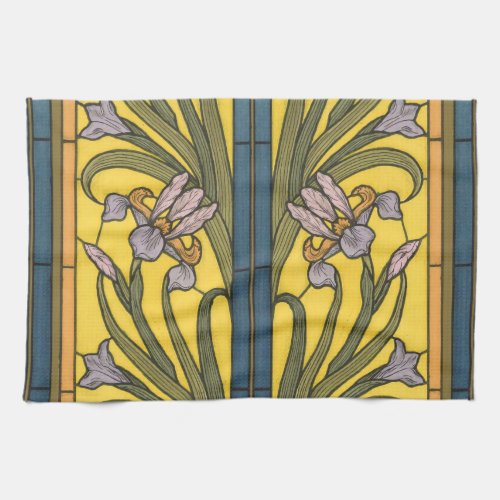 Iris Flower Art Nouveau Stained Glass Blue Gold Kitchen Towel