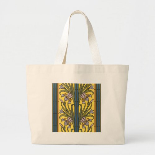 Iris Flower Art Nouveau Stained Glass Blue Gold Large Tote Bag