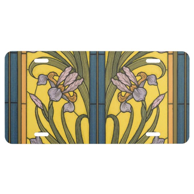 Iris Flower Art Nouveau Stained Glass Blue Gold License Plate (Front)