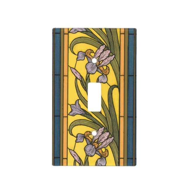 Iris Flower Art Nouveau Stained Glass Blue Gold Light Switch Cover (Front)