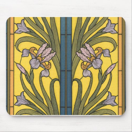 Iris Flower Art Nouveau Stained Glass Blue Gold Mouse Pad