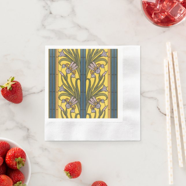 Iris Flower Art Nouveau Stained Glass Blue Gold Napkins (Insitu)
