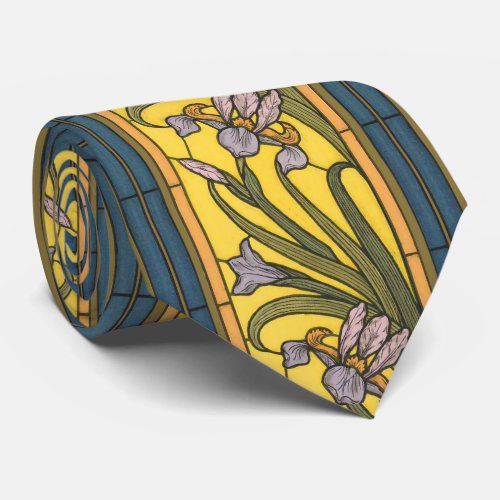 Iris Flower Art Nouveau Stained Glass Blue Gold Neck Tie