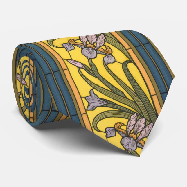 Iris Flower Art Nouveau Stained Glass Blue Gold Neck Tie (Rolled)