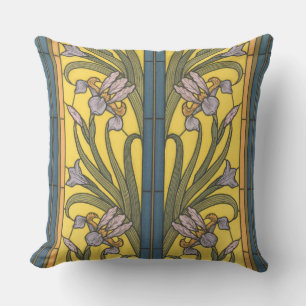 Iris Flower Art Nouveau Stained Glass Blue Gold Outdoor Pillow