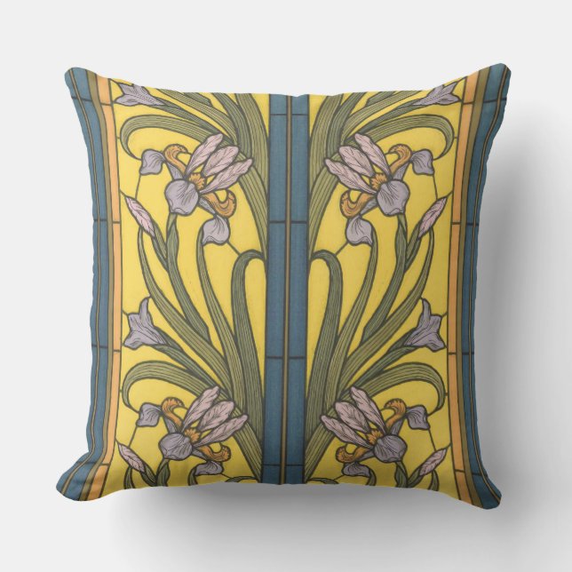 Iris Flower Art Nouveau Stained Glass Blue Gold Outdoor Pillow (Front)
