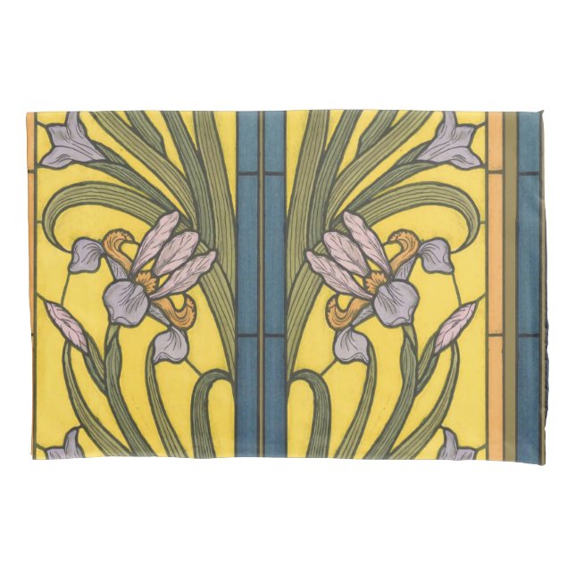 Iris Flower Art Nouveau Stained Glass Blue Gold Pillow Case (Front)