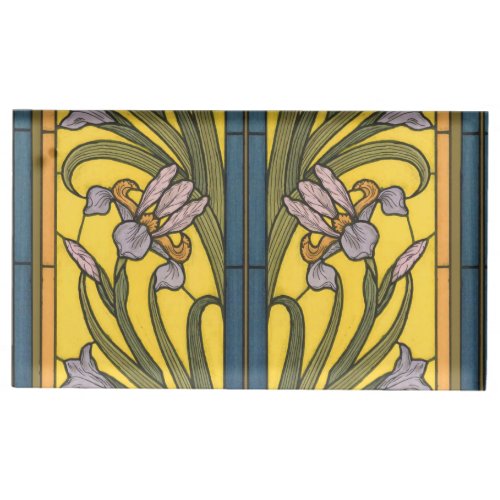 Iris Flower Art Nouveau Stained Glass Blue Gold Place Card Holder