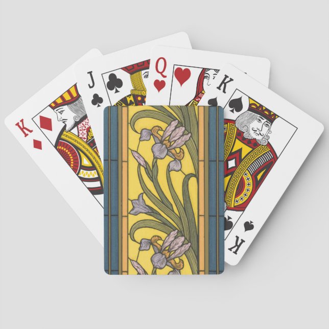 Iris Flower Art Nouveau Stained Glass Blue Gold Poker Cards (Back)