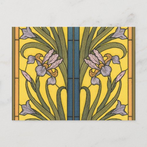 Iris Flower Art Nouveau Stained Glass Blue Gold Postcard