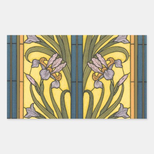 Iris Flower Art Nouveau Stained Glass Blue Gold Rectangular Sticker
