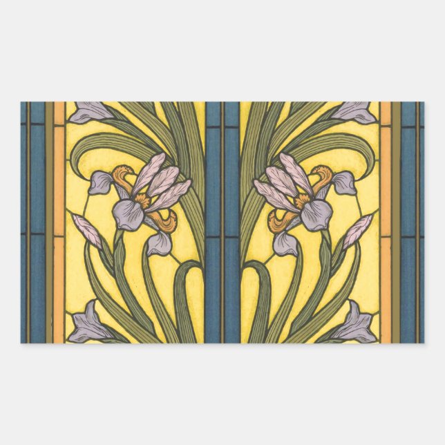 Iris Flower Art Nouveau Stained Glass Blue Gold Rectangular Sticker (Front)