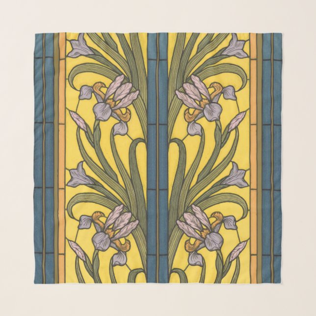 Iris Flower Art Nouveau Stained Glass Blue Gold Scarf (Front)