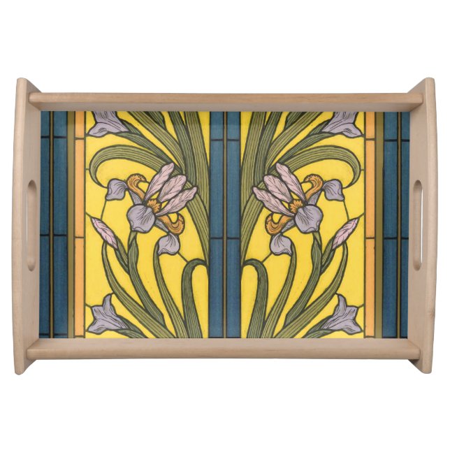 Iris Flower Art Nouveau Stained Glass Blue Gold Serving Tray (Front)
