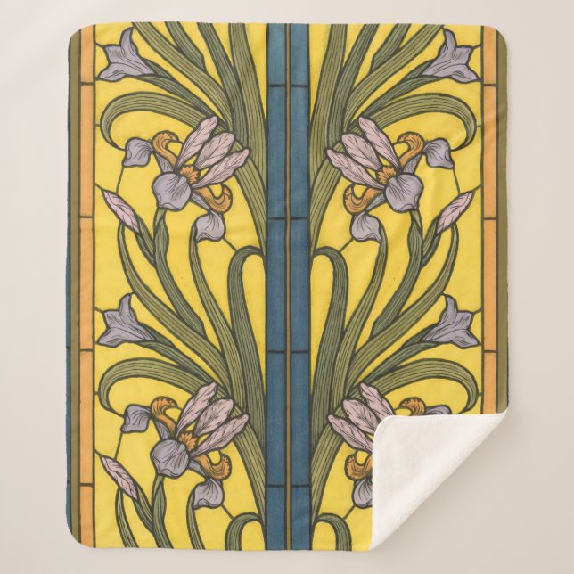 Iris Flower Art Nouveau Stained Glass Blue Gold Sherpa Blanket (Front)