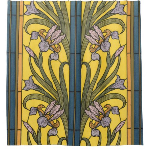 Iris Flower Art Nouveau Stained Glass Blue Gold Shower Curtain