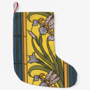 Iris Flower Art Nouveau Stained Glass Blue Gold Small Christmas Stocking