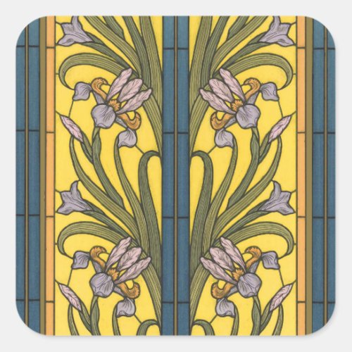 Iris Flower Art Nouveau Stained Glass Blue Gold Square Sticker