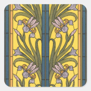 Iris Flower Art Nouveau Stained Glass Blue Gold Square Sticker