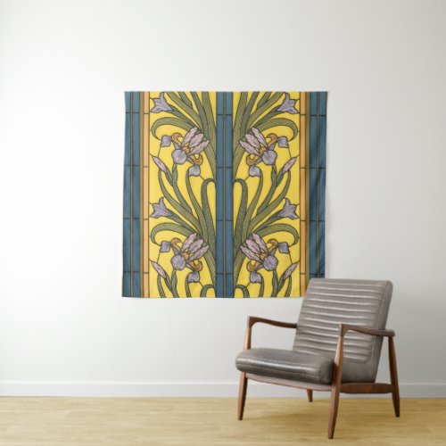 Iris Flower Art Nouveau Stained Glass Blue Gold Tapestry