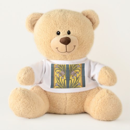 Iris Flower Art Nouveau Stained Glass Blue Gold Teddy Bear